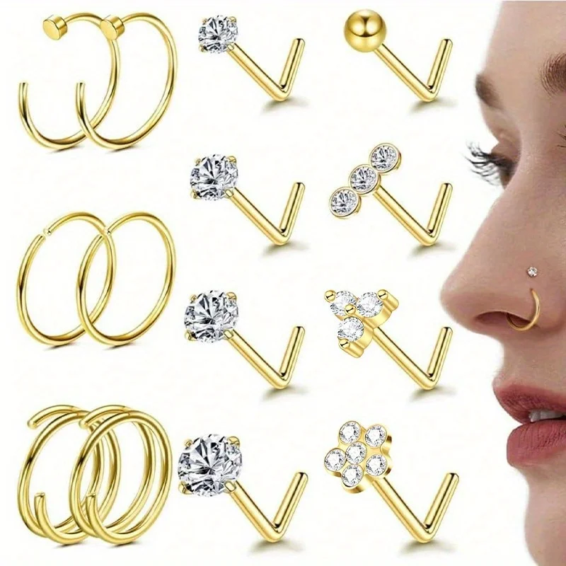 14 Uds. Anillos de nariz hipoalergénicos, tachuelas, anillo de nariz de acero inoxidable de 20G, tachuelas de nariz en forma de L, juego de anillos de nariz de aro