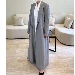 Luxury Simple Grey Women Long Jacket Elegant Female Daily Coat Formal Ankle Length Dress Abaya