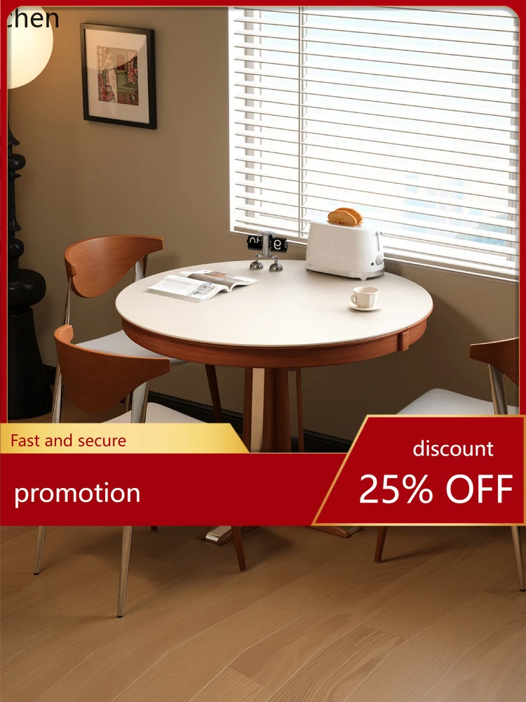 

HT Rock Slab Extendable Dining Table Vintage Style Round Solid Wood Small Apartment Round Table Living Room Folding