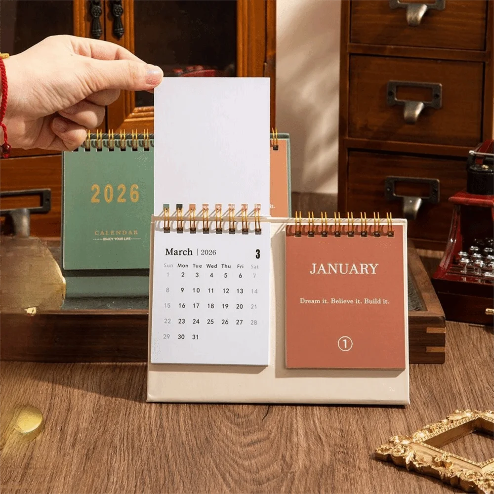 Double Sides 2026 Desktop Calendar Minimalist Design Standing Format Memo Calendar Spiral Binding Flip Style Checklist Planner