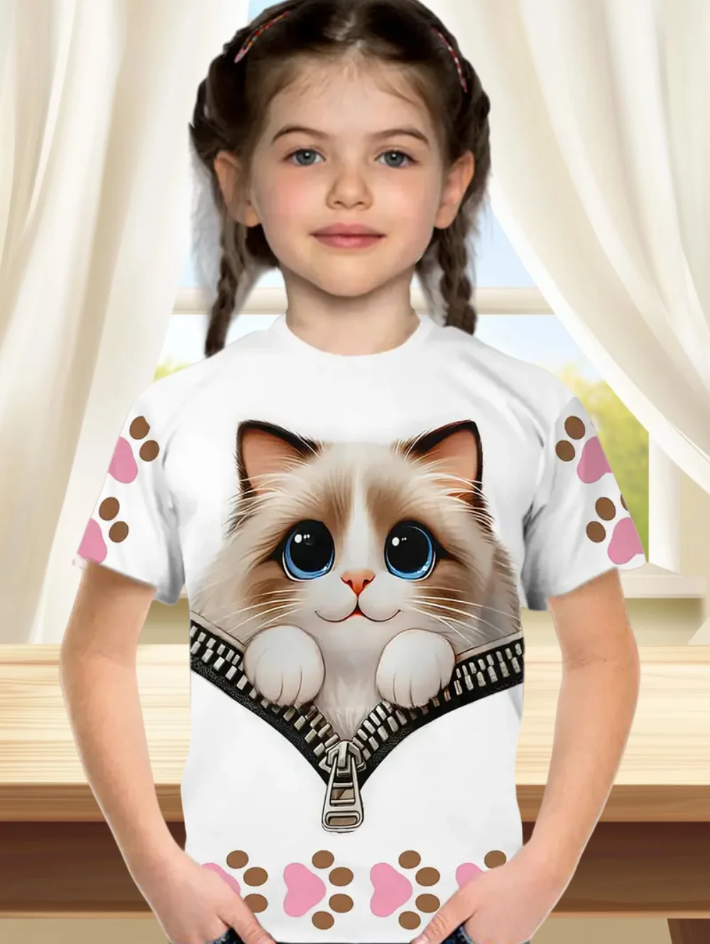 Children's Clothes Funny Cat Pattern 3D Print Summer Short Sleeve Tee Topstrendy Girl Clothes Round Neck Tops T-Shirts for Girls