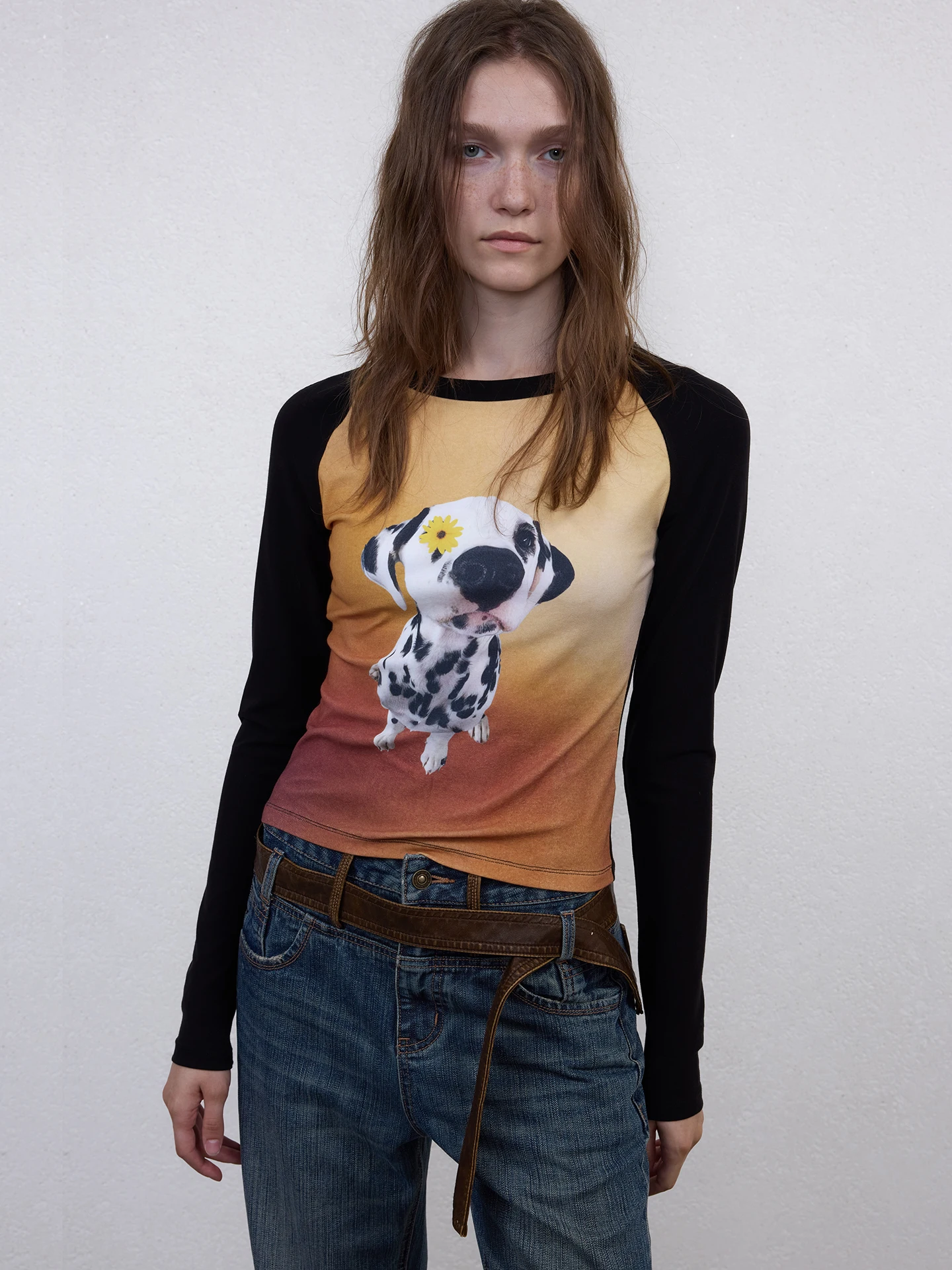 

Мужская футболка с принтом собаки Daisy Spot, с длинным рукавом, приталенная, винтажная, из смеси хлопка, полиэстера и спандекса