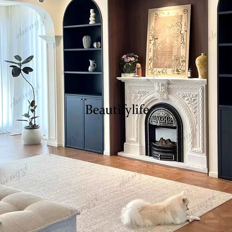 French retro fireplace decorative cabinet European living room background wall decoration solid wood carving flower   cabinet