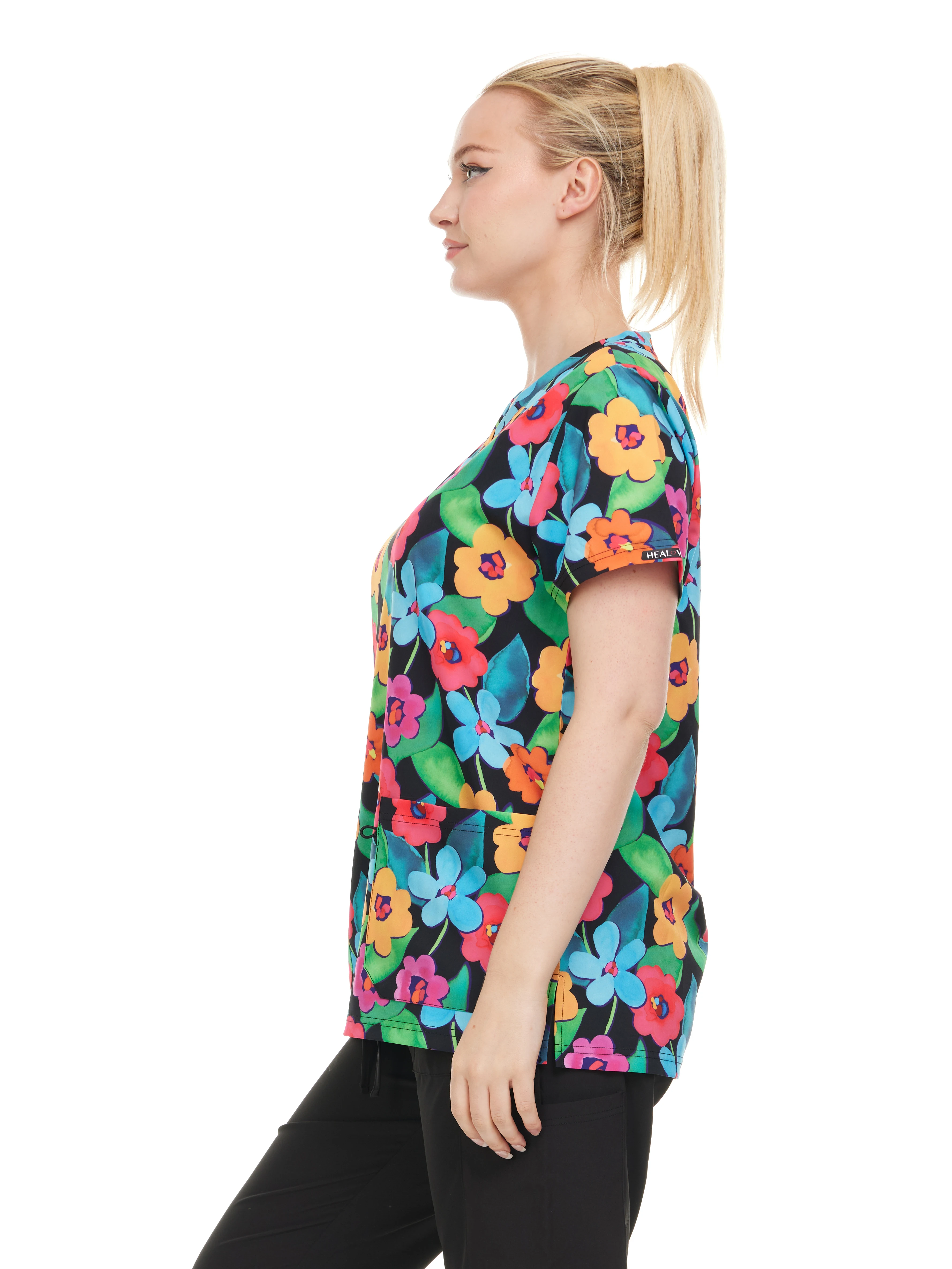 HEAL+WEAR Women's Scrub Top V-Neck Floral Print Multiple Convenient Pockets. 4-Way Stretch Spandex. Wrinkle-Resistant