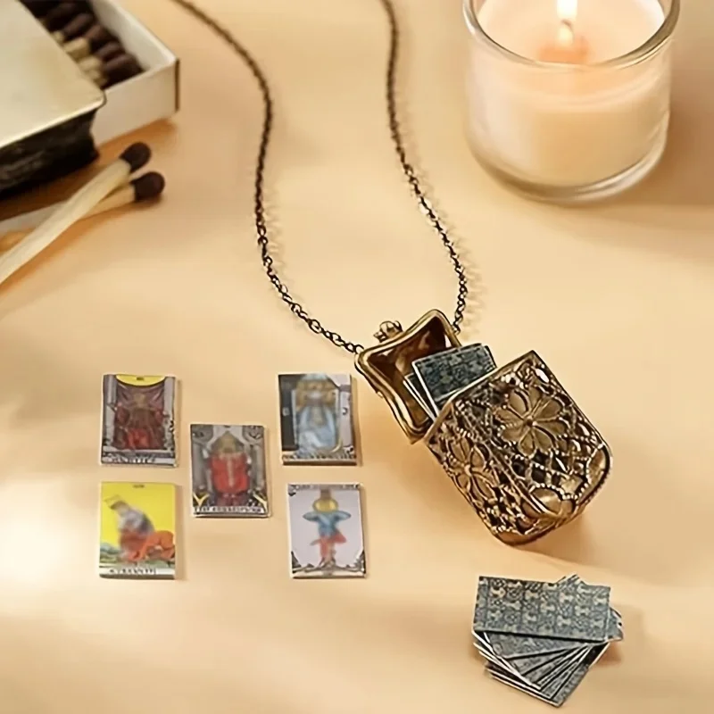 YISON Mini Tarot Pendant Necklace Cage Pendant Women Spiritual Jewelry Lover Starter Set Contains 22 Cards Chain Female Gift