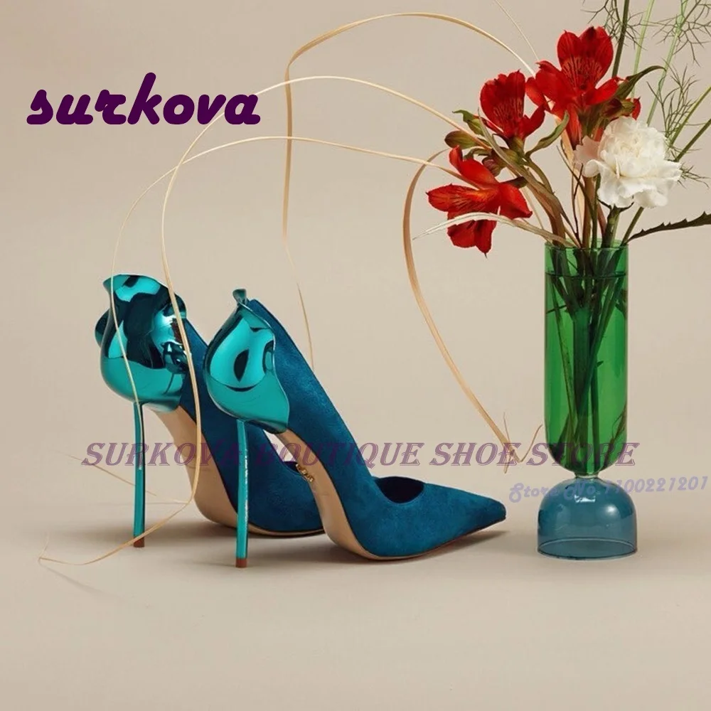 

Blue Suede Petal Pumps Strange Style Pointy Toe Shallow Solid Runway Party Shoes Women's Summer Pumps High Heels Plus Size Sexy