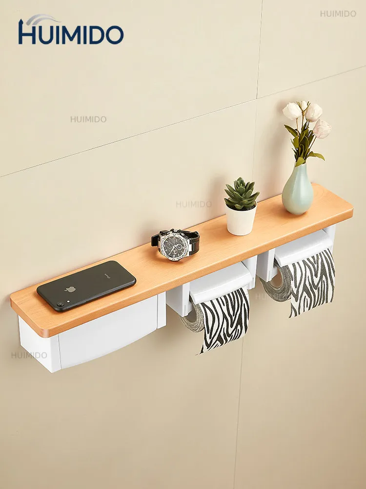 Tissue holder Solid wood high-value hotel bathroom Toilet wall-mounted tissue box Double roll paper holder Shelf roll paper