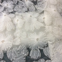 Luxury Off White Wedding Dress Lace Fabric 3D Flowers Beading Fabric Pan Flower Lace Bridal Dress Gown Sewing Material