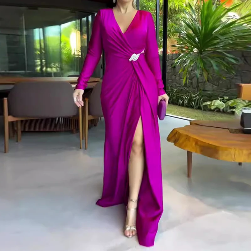 Fashion Hight Waist Draped Women\'s Dress Elegant Crossover V-neck Split Long Dress Casaul Long Sleeve Solid Evening Party Dress