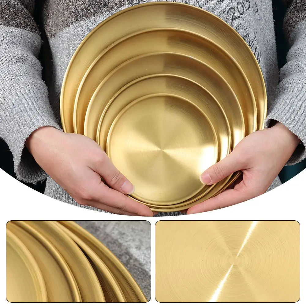 14/17/20/23/26CM Gold Silver Shallow Tray Bone Spitting Dish Fruit Meat Metal Dining Disc Round Plate Cake Dessert Tableware