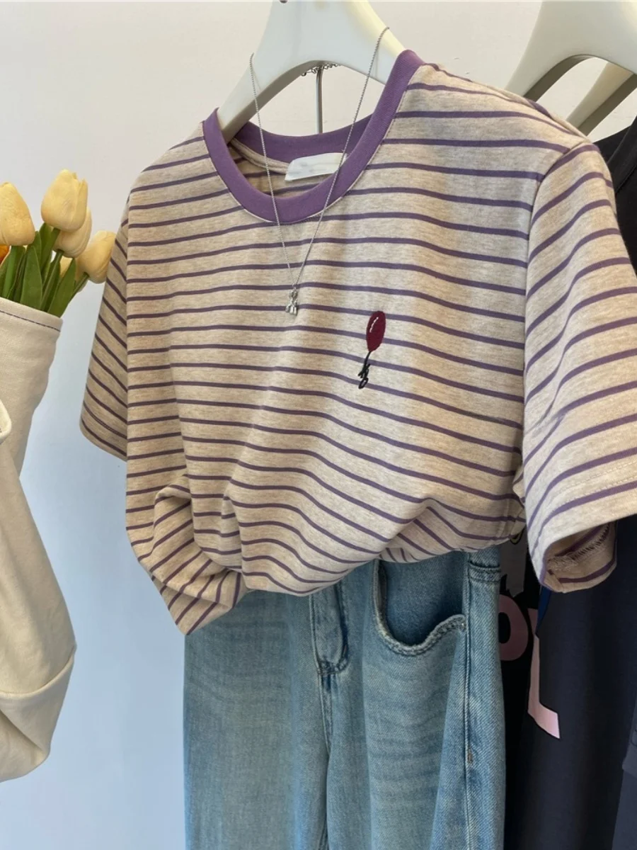 Embroidered Loose Fit round Neck Short Sleeve T-Shirt Women's Summer Korean Style Striped Casual Chic Top Balloon Sleeve