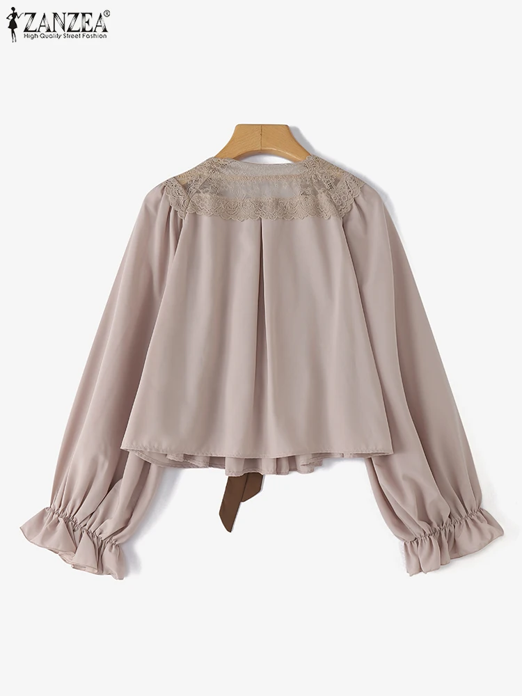 ZANZEA Chiffon Blouse Women Solid Lace Tops 2025 Casual Loose Lantern Sleeve Ruffled Blusas Vintage Bow Lace Up Pleating Tunic
