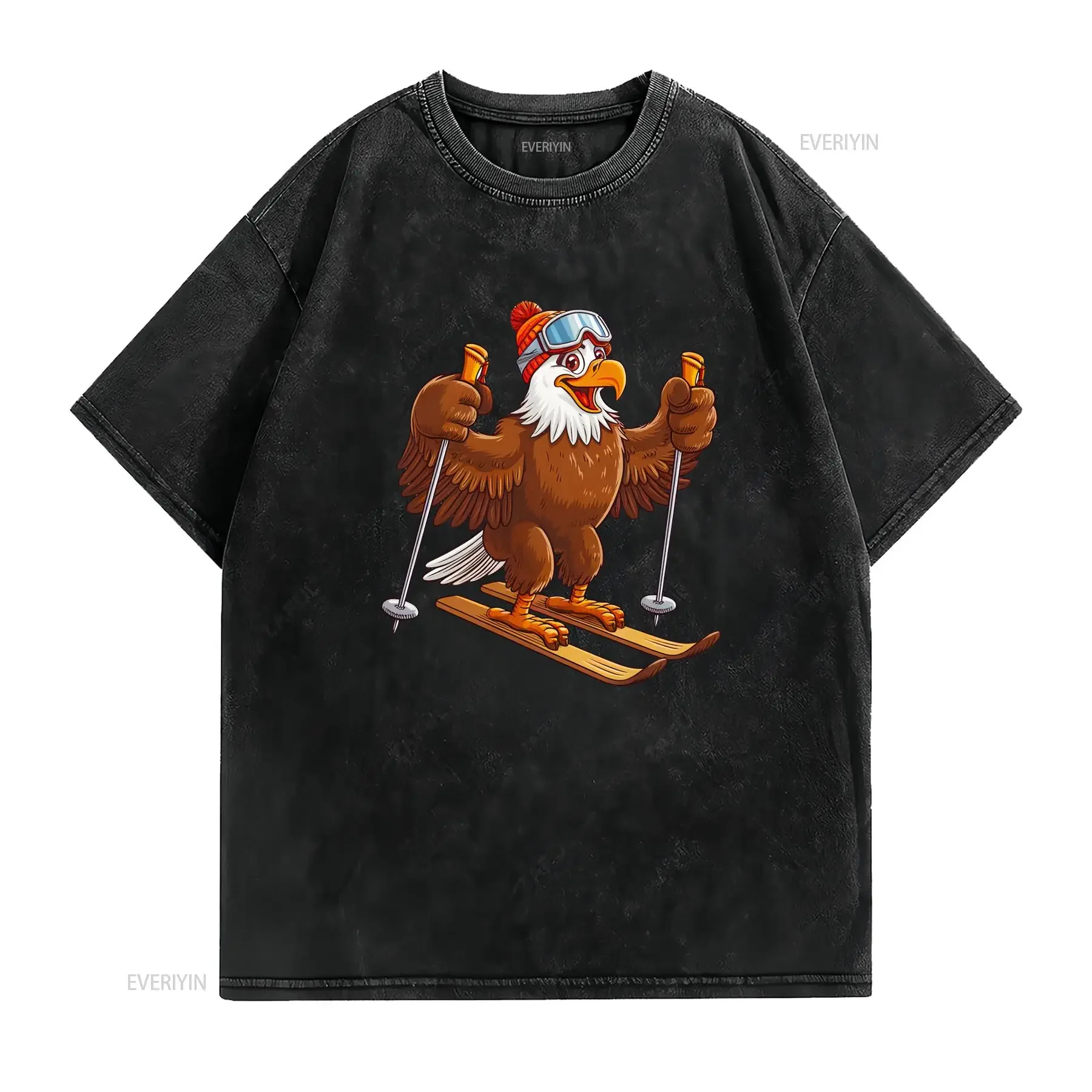 Eagle Skiing Skier Fun Cartoon Ski T Shirt vintage Washed Breathable Unisex Slightly Versatile graphic Stretched homme