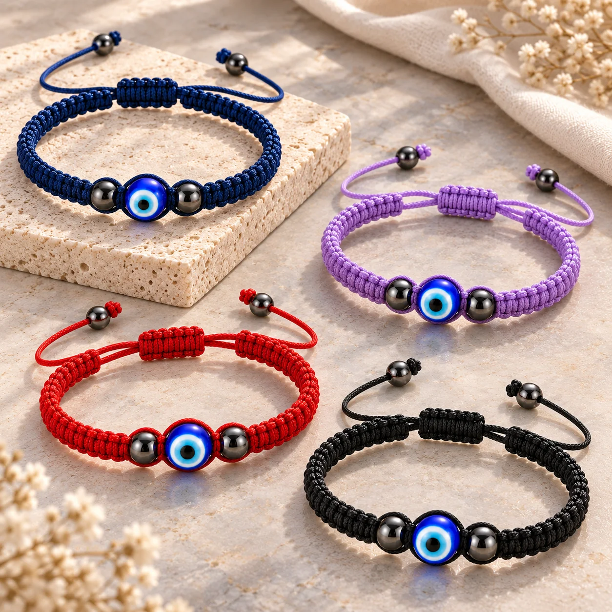 Evil Eye Bracelet for Women Men Blue Glass Eye Bead Black Braided Rope Adjustable Handmade Lucky Protection Jewelry
