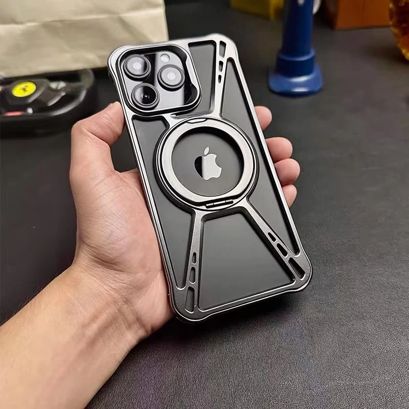 No Border Magnetic Aluminum Alloy Anti-Fall Cover For iPhone 15 16 Pro Max Metal invisible Bracket Phone Case For iPhone 14Pro