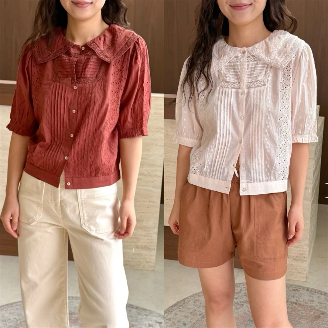 

Paris Emily Sweet Lace Collar Shirt Two Colors Floral Trim French Style Loose Fit Cotton Short Sleeve Women's Casual Shirt