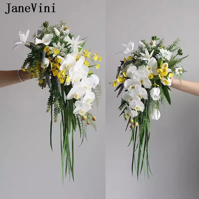 

JaneVini New Waterfall Bride Bouquet Wedding White Yellow Artificial Holding Flowers Bridal Hand Bouquet Mariée Effet Naturelle