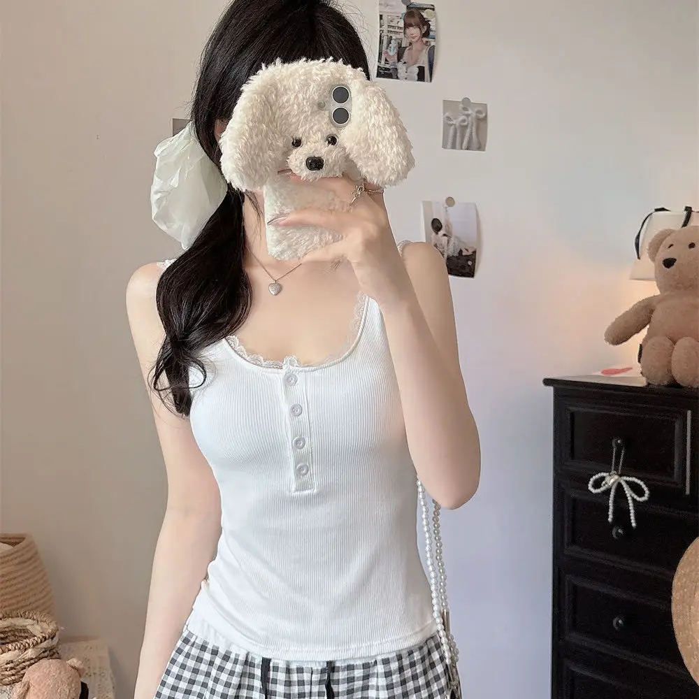 

Summer New Sle Pure Desire Spicy Girl Lace Patchwork Button Vest Women Slimming One-Piece with Chest Pad Versatile ort Le...