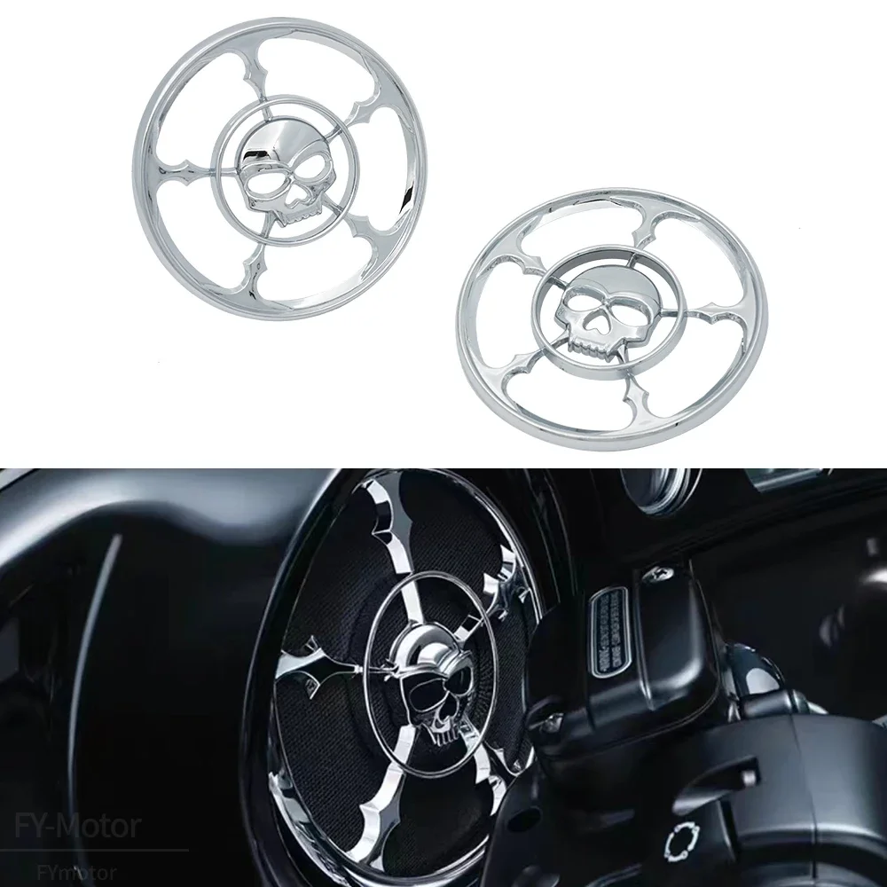 Motocykl czaszka głośnik wykończenie osłona grilla skrzynka chromowana wdowa pasuje do Harley Touring Electra przemieszczanie się po ulicy Trikes 1996-2013 4 1/2"