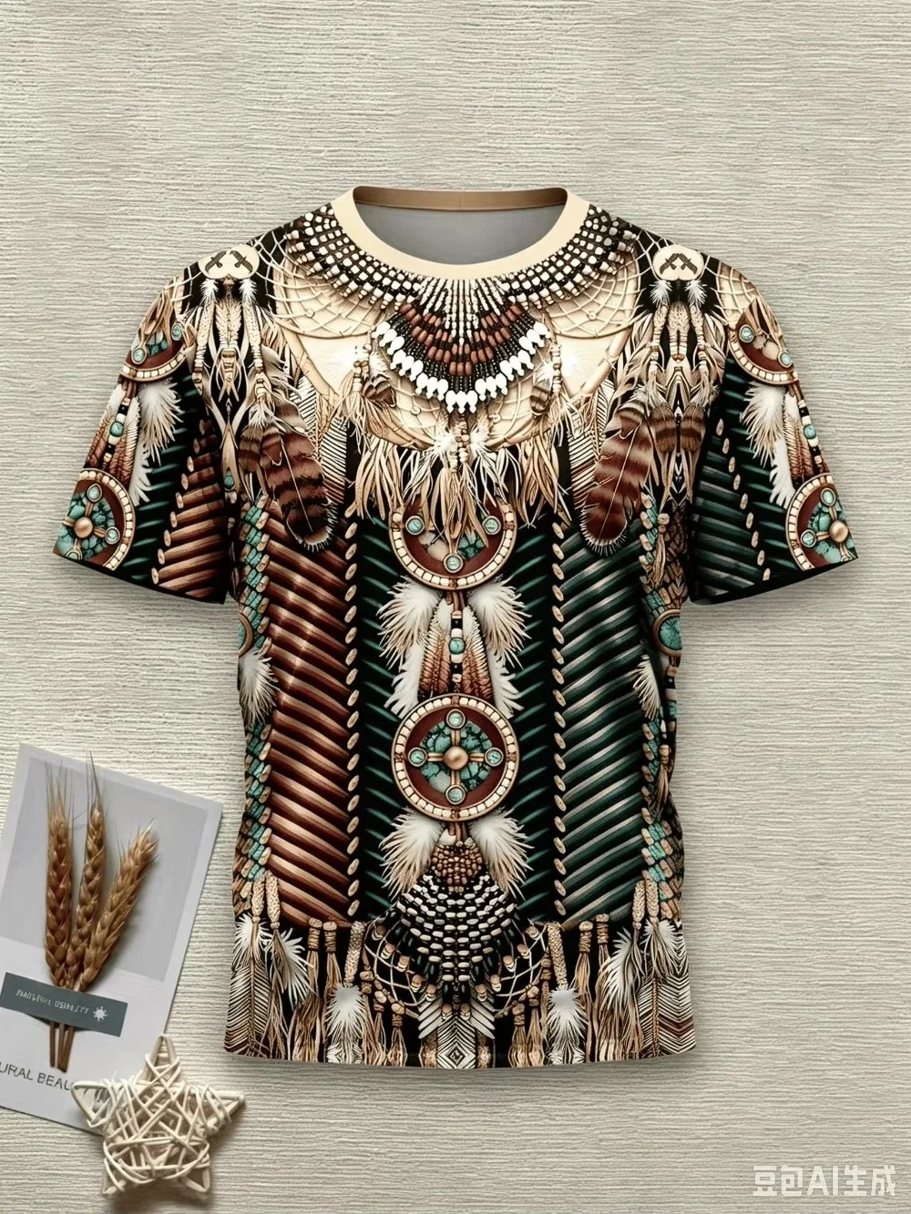 Vintage Tribal Feather Beadwork T‑Shirt Southwest Ethnic Culture 3D Printed Tee Bohemian Retro Casual Short Sleeve Tops For Men