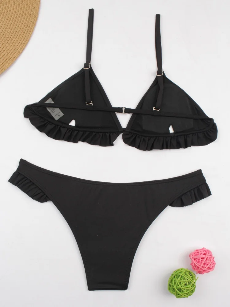 Bikini Women Swimsuit 2025 New Solid Sling Buckle Ruffles Bikinis Set Sexy Swimwear Summer 2 Piece Set Beach Bathing Suit Female