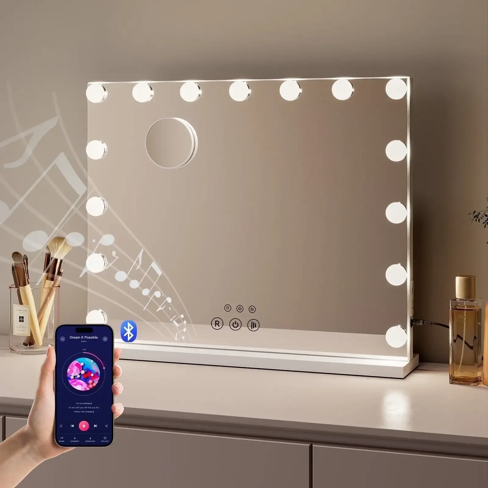 

Bluetooth Audio Makeup Mirror with LED Light - 3 Color Modes, Smart Touch Control and USB Charging Port - Desktop Makeup Mirror
