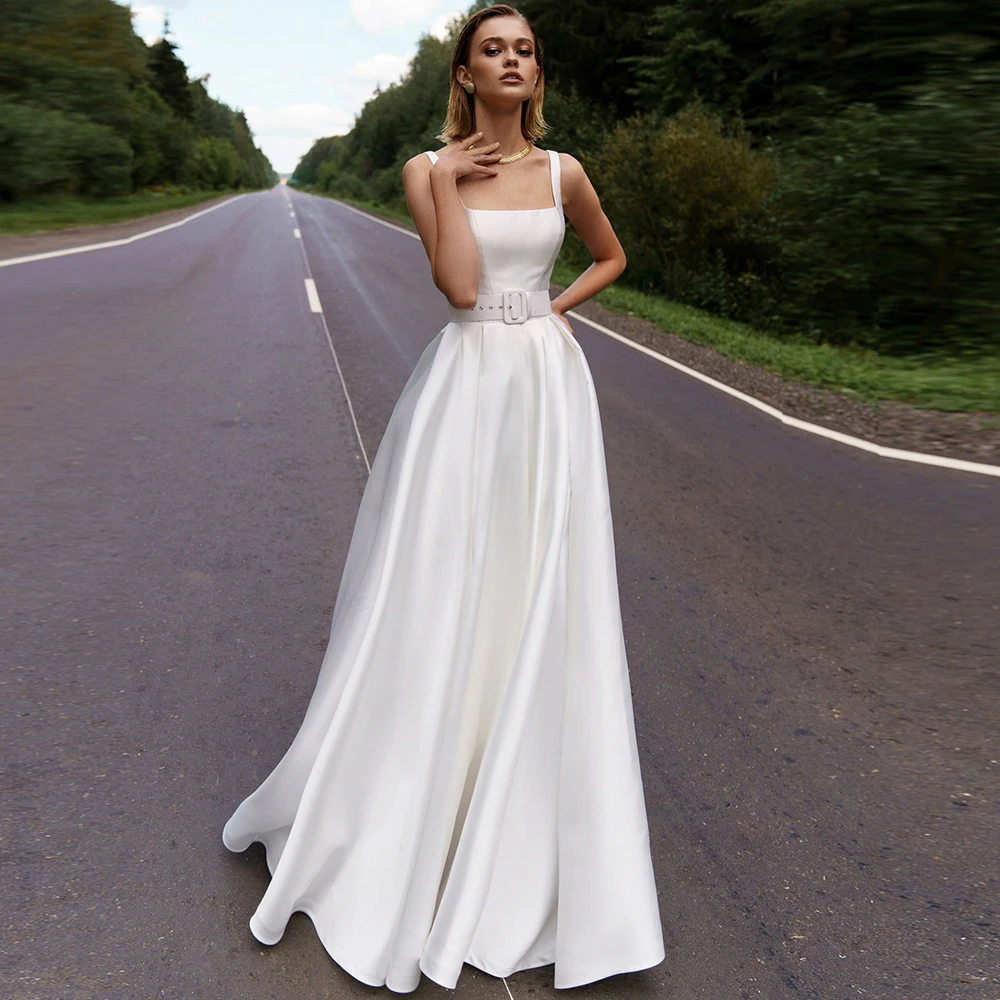

2026 Sleeveless Wedding Dresses Customized Chic Square Collar Sweep Train Bridal Gowns Floor Length Spring Robe De
