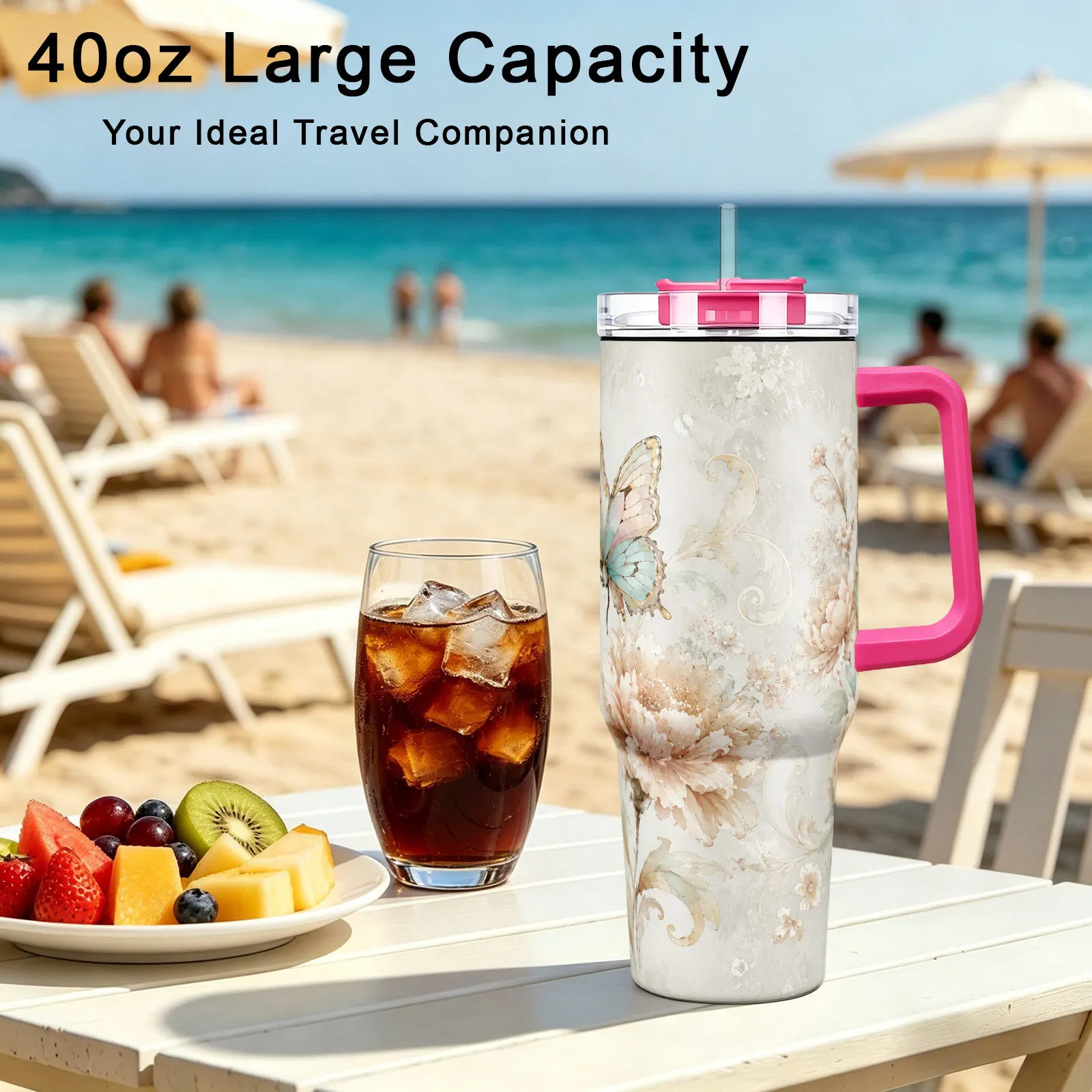 1pc 40oz 304 Stainless Steel Dual Drinking Travel Tumbler, Luxury Peony Butterfly Print with Handle, Leakproof Lid with Straw, Double Wall Vacuum Insulated Heat & Cold Retention Anti-scald, for Coffee Tea Juice Hot Cold Drinks, for Office Outdoor