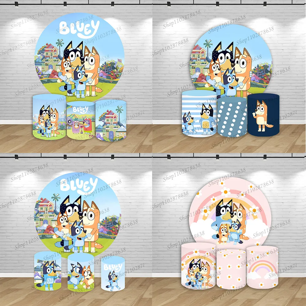 

Bluey Round Backdrop Kids Birthday Party Baby Shower Background Blue Dog Family Cylinder Cover Photo Background