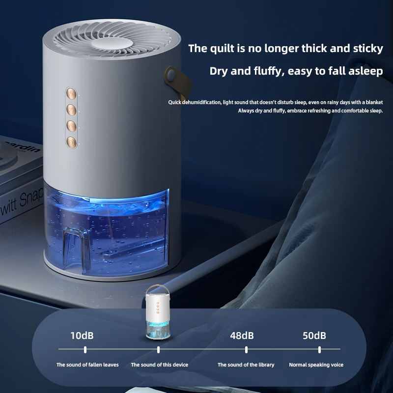 Tragbarer Luftentfeuchter mit 1,3 l Wassertank, stumm, Lufttrockner, Feuchtigkeitsabsorber, Maschine, 3-stufige Timing-Steuerung, Negativ-Ionen-Pur