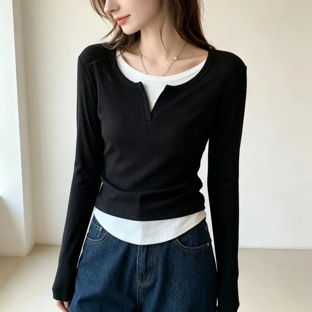 Casual Women\'s Long Sleeve T Shirt Solid Color Ribbed for V Neck Two Piece Style Summer for Beach Cycling Holiday Wear