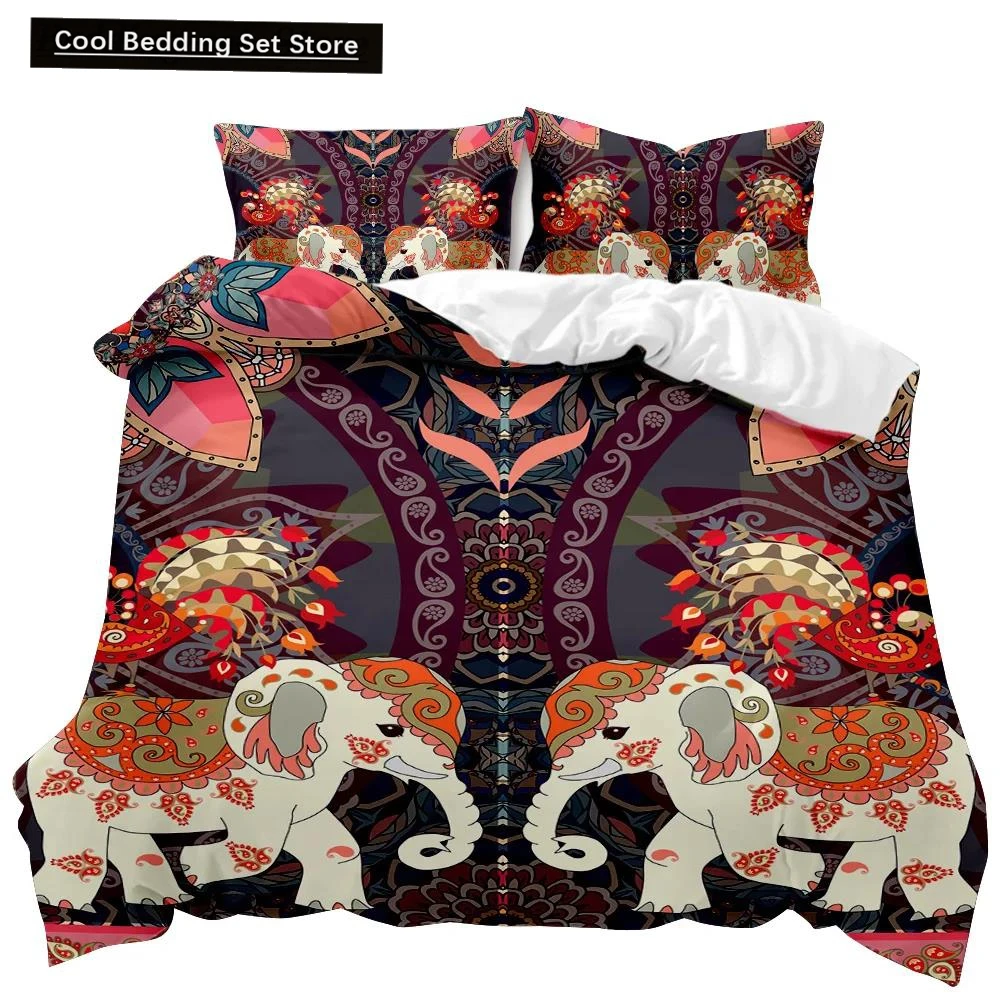 

Boho Elephant Duvet Cover Set Bohemian Mandala Elephant Bedding Set Safari Animal Indian Exotic Queen King Polyester Quilt Cover