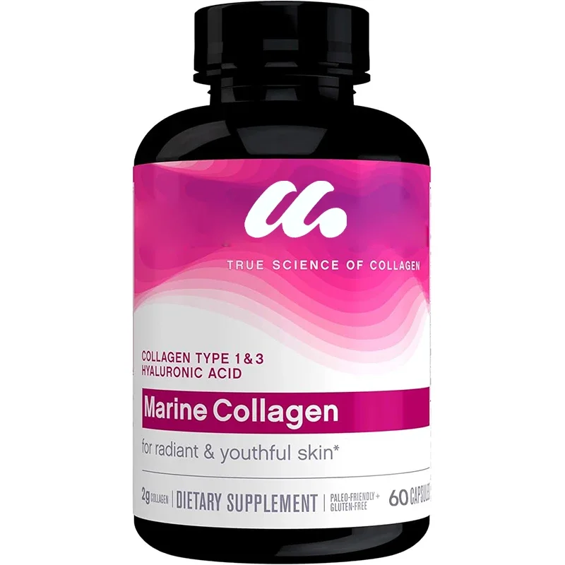 Marine collagen contains type 1 and type 3 collagen and hyaluronic acid, hydrolyzed collagen, and is a skin health supplement