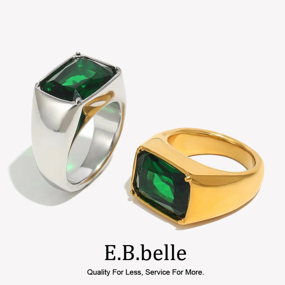 E.B.belle Simple Green Square Diamond Ring Tarnish Free Hypoallergenic Gold Plated Fashion Statement Suit For Women's Jewelry