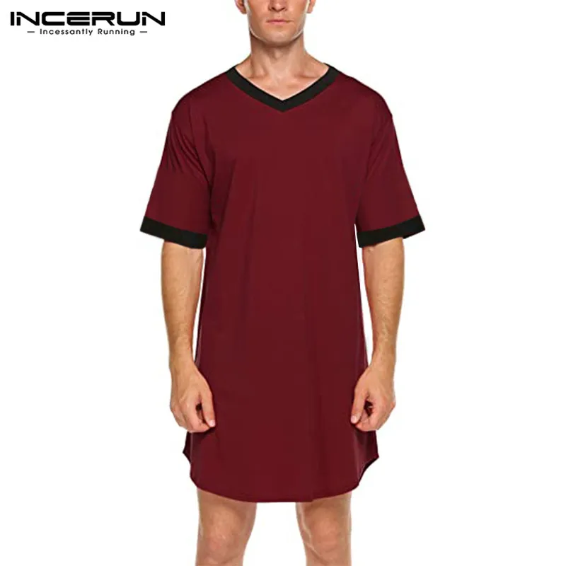 INCERUN New Men\'s Nightgown Fashion Patchwork Sleep Robe Solid Sleepwear Short Sleeve Bathrobe Loose V Neck Nightwear S-5XL 2024