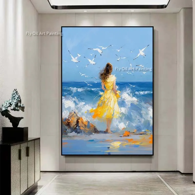 Beautiful Woman On The Beach Beautiful Girl Back View Oil Painting  Hand Painted Abstract Canvas Artwork Wall Decor For Room