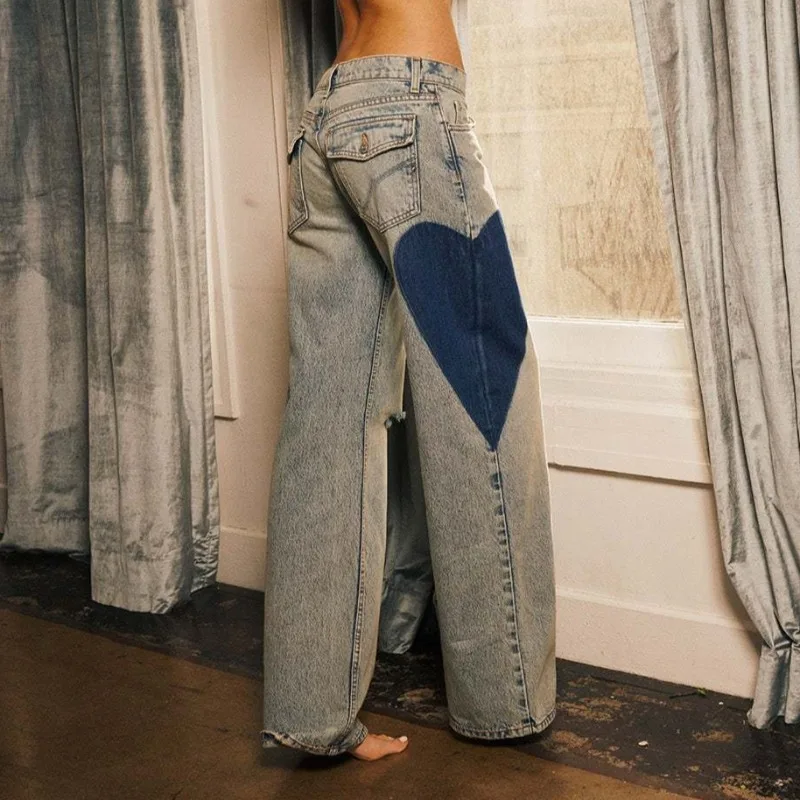 

Distressed Sweetheart Low Waist Straight Jeans Women Casual Loose Denim Pants Streetwear