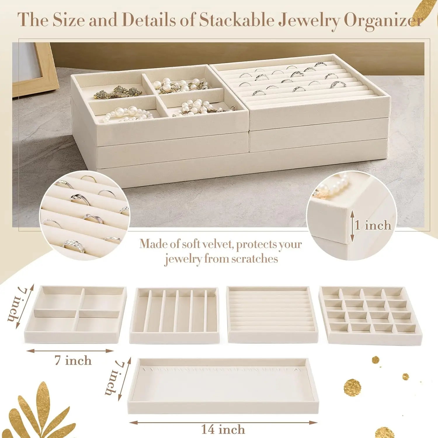 10-Piece Stackable Jewelry Organizer Trays, 14' Velvet Drawer Insert with Removable Divider for Necklaces, Earrings, Rings, Watc