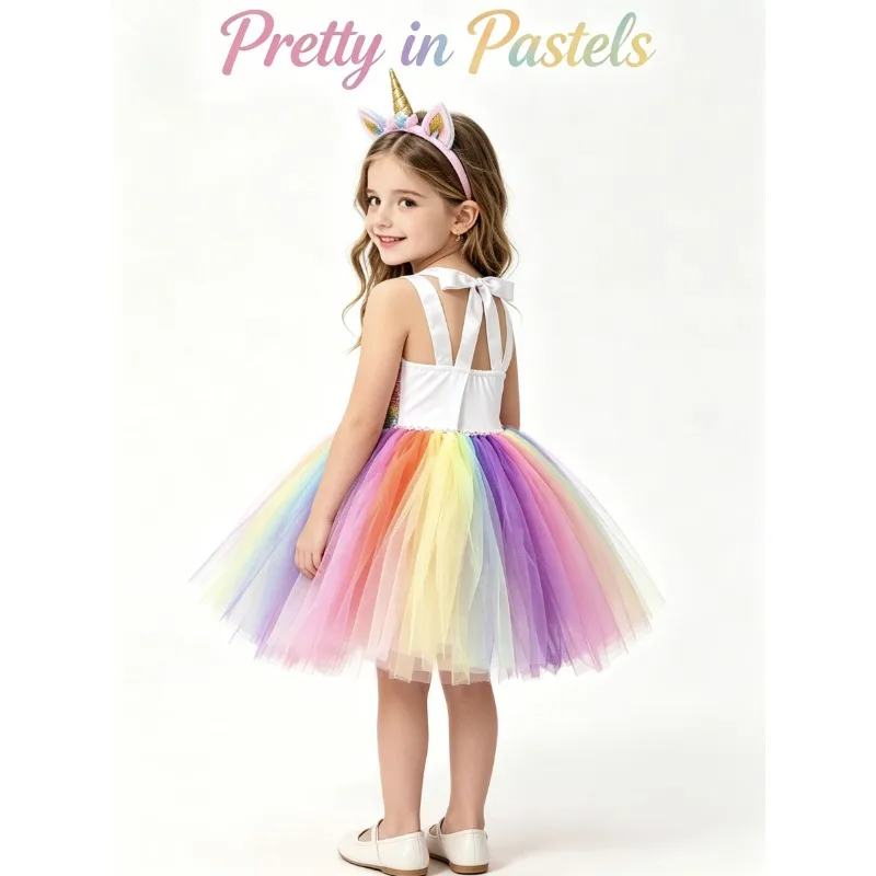

Sequins Unicorn Tutu Dress Girls Rainbow Tulle Dress with Wings Princess Birthday Party Costume Stage Performance Outfit Kids