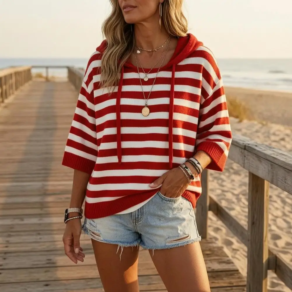 Women Hooded Striped Knit Sweater, Casual Loose Half Sleeve Drawstring, Autumn Winter Hooded Pullover Top
