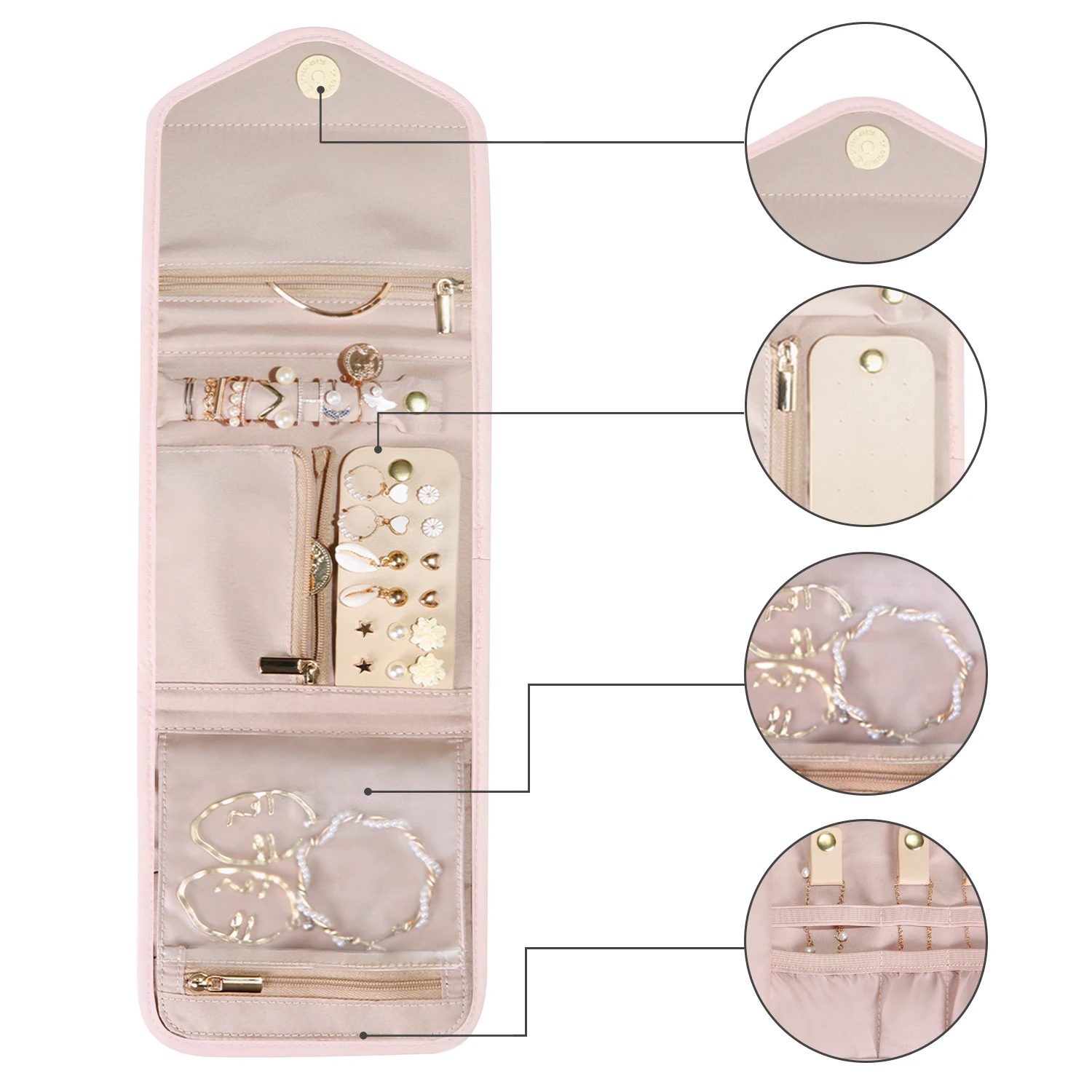 BAGSMART Women Jewelry Storage for Roll Foldable Portable Jewelry Box Travel Ring Necklace Bracelet Earrings Holder Light Pink