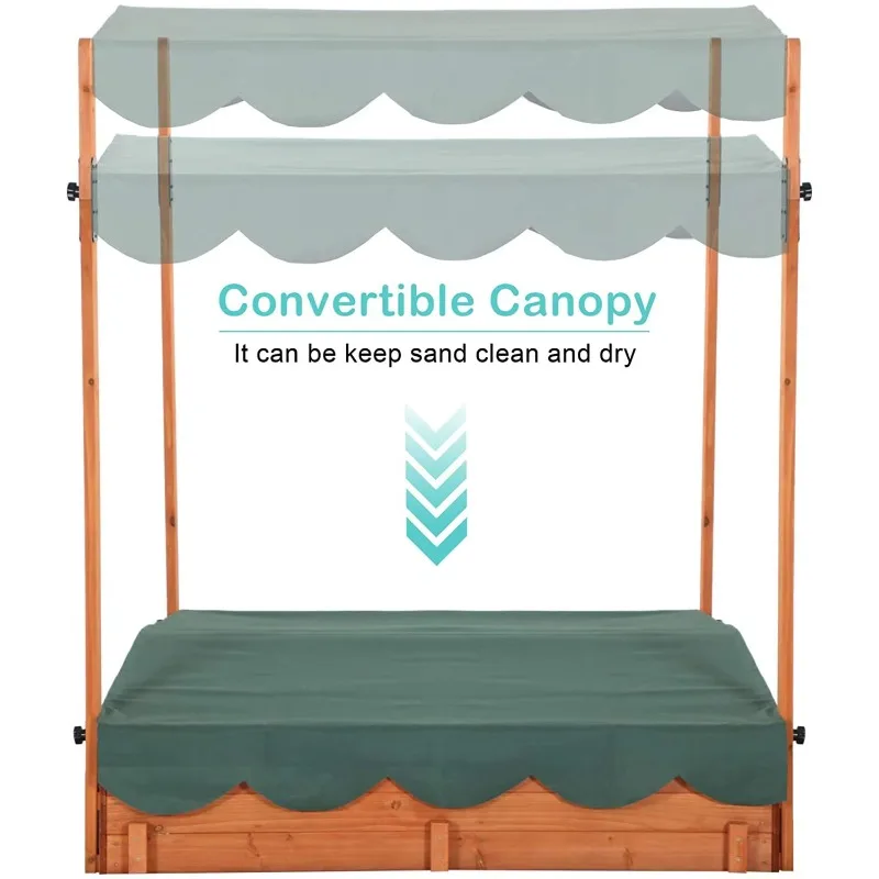 Outdoor Wooden Sandbox With Cover for Kids Cabana Sandbox With Adjustable Canopy Foldable Bench Seats for Backyard Lawn Garden