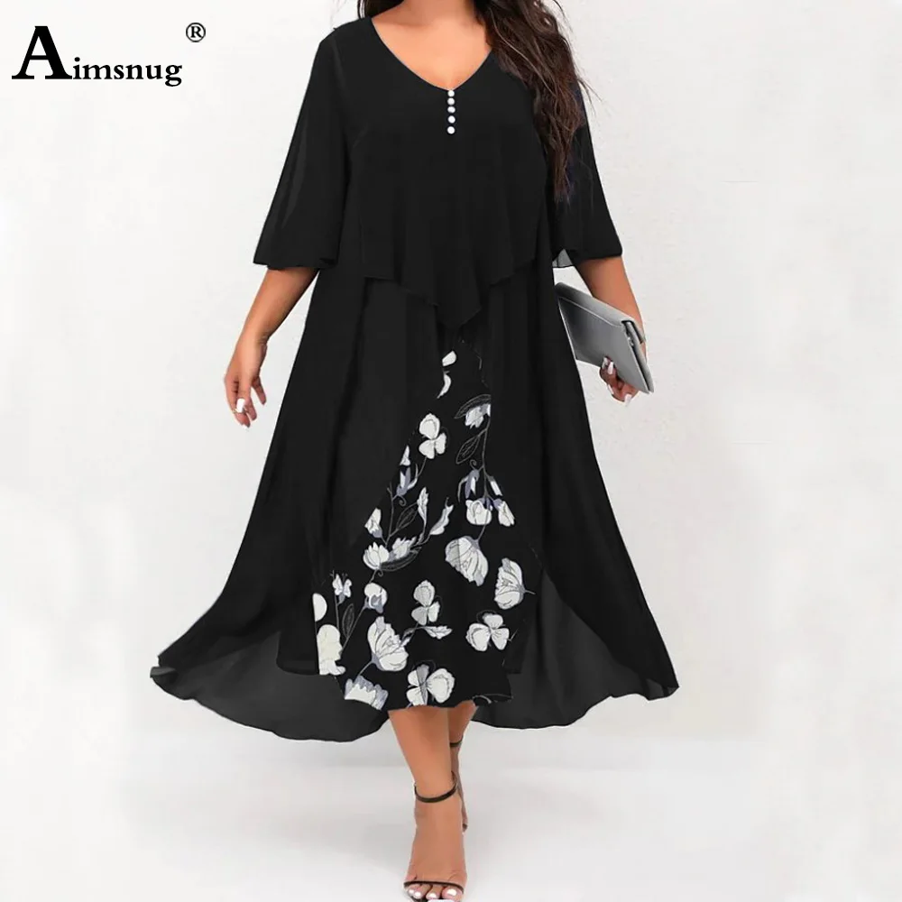 Women Half Sleeve A-line Chiffon Party Dress Irregular Boho Flower Print Befree Dress Large Big Ladies Elegant Mid-Calf Dresses