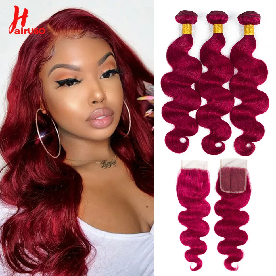 HairUGo-Mèches péruviennes naturelles Remy ondulées, tissage ombré bordeaux, avec closure