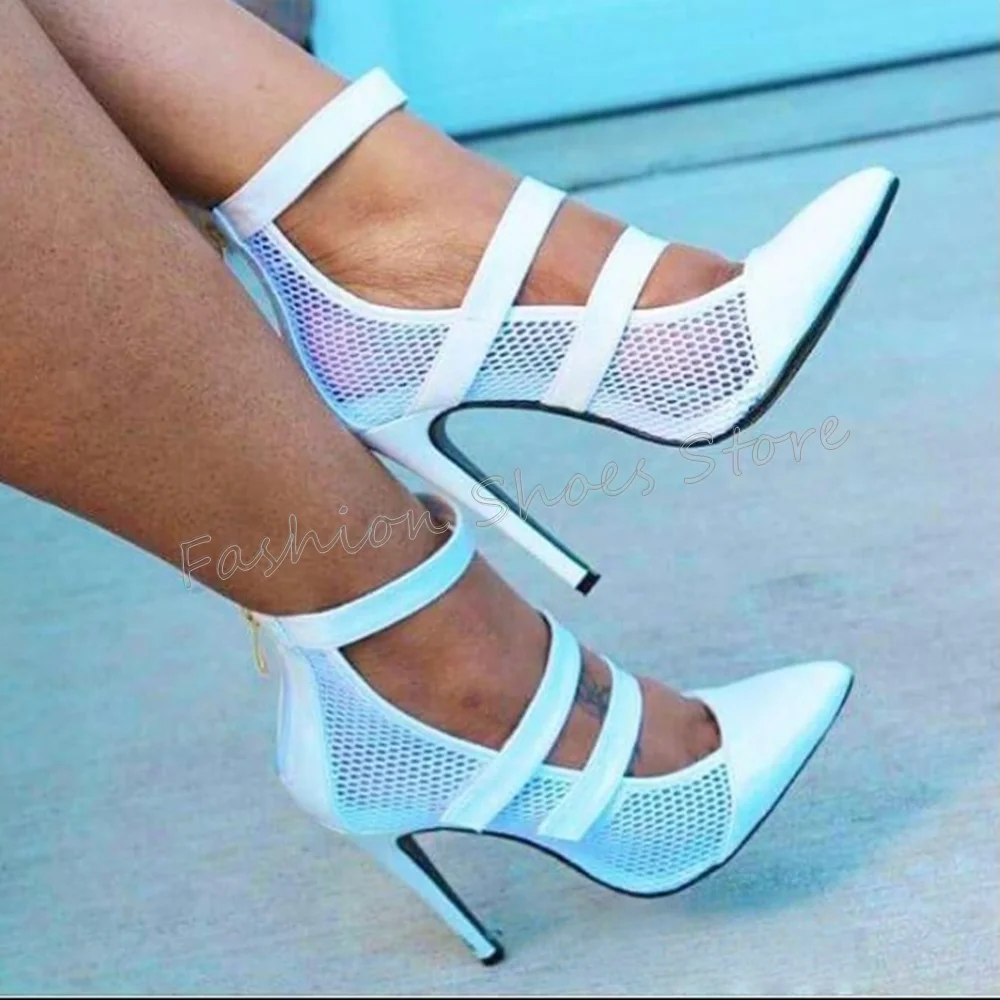 

White Pointed Toe Mesh Pumps Back Zipper Stilettos High Heels High Heel Shoes for Women Sexy Heels 2025 New Zapatos Para Mujere