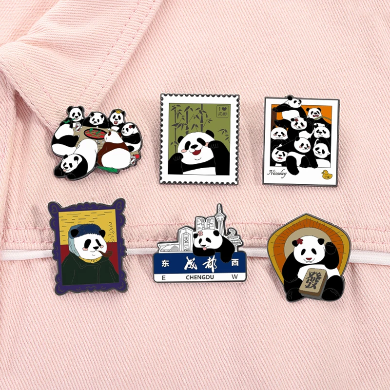 China Panda Bear Enamel Pins Chengdu Travel Souvenir Postage Stamp Hotpot National Treasure Brooches Lapel Badge Jewelry Gifts