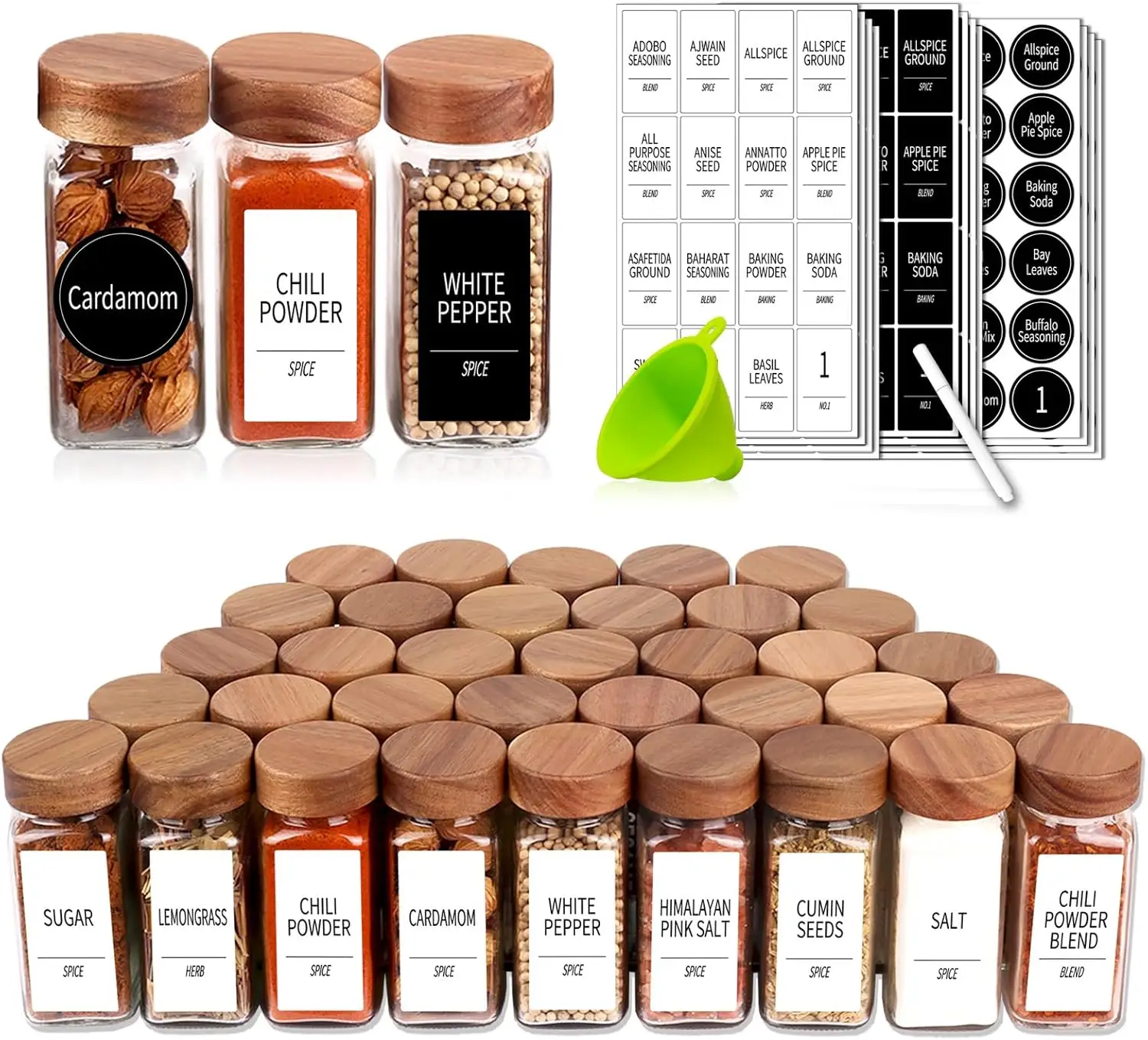 

48 Spice Jars with 547 Labels and Shaker Lids - Glass - 4 Oz Square Containers with Acacia Wood Lids, Chalk Pen, Funnel Seasonin