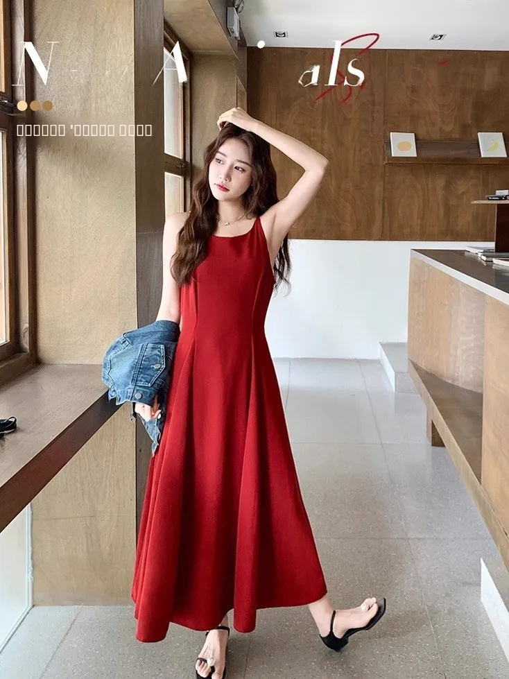 

Элегантное летнее платье А-силуэта с круглым вырезом, приталенное, красное, без бретелек, в корейском стиле, с завышенной талией, из полиэфирного волокна