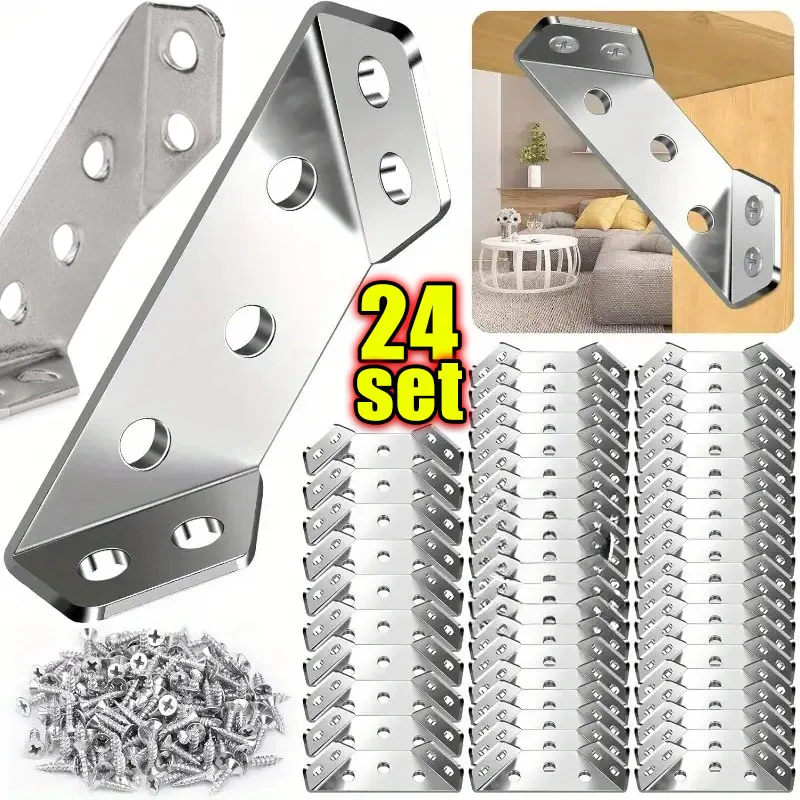 1/24set Corner Brackets Stainless Steel Furniture Angle Shelf Connector Cabinet Support Fixing Frame Corner Brace with Screw