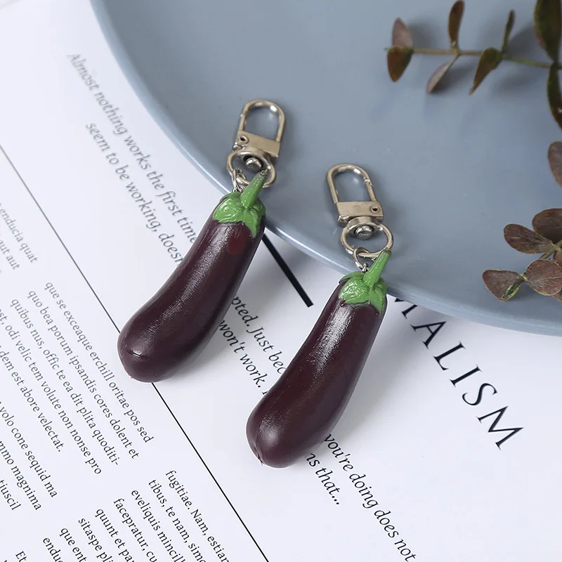1PC Realistic Eggplant Keychain Vegetable Car Accessory Bag Hanging Ornament Realistic PVC Eggplant Key Ring Photography Prop